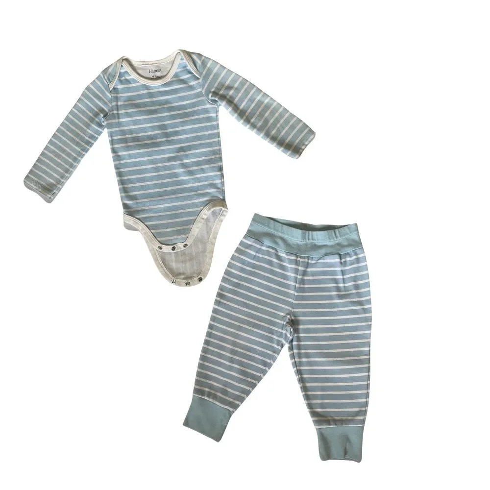 Hanes Baby Flexy Bodysuit and Pants 12-18M Long Sleeve Blue Stripes